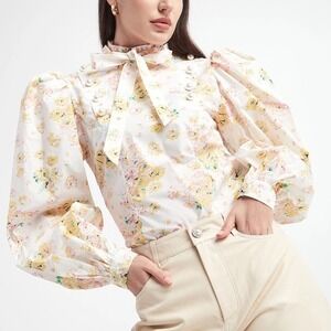 Custommade‎ Syrine Floral Puff Sleeve Pearl Button Blouse White Yellow XS